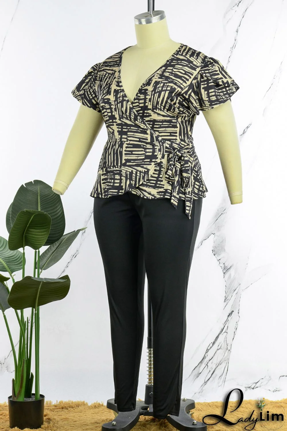 Red Casual Print Bandage Patchwork V Neck Plus Size Two Pieces