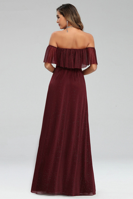 Off-the-Shoulder Burgundy Long Evening Prom Dress With Ruffles