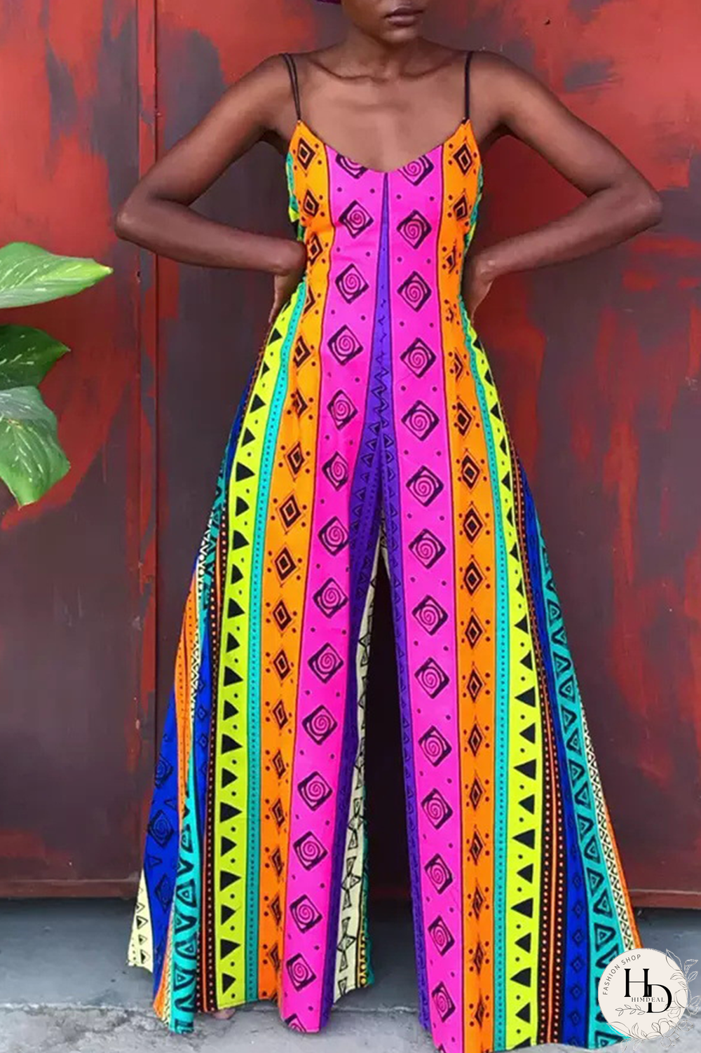 Yellow Casual Print Split Joint Spaghetti Strap Straight Jumpsuits