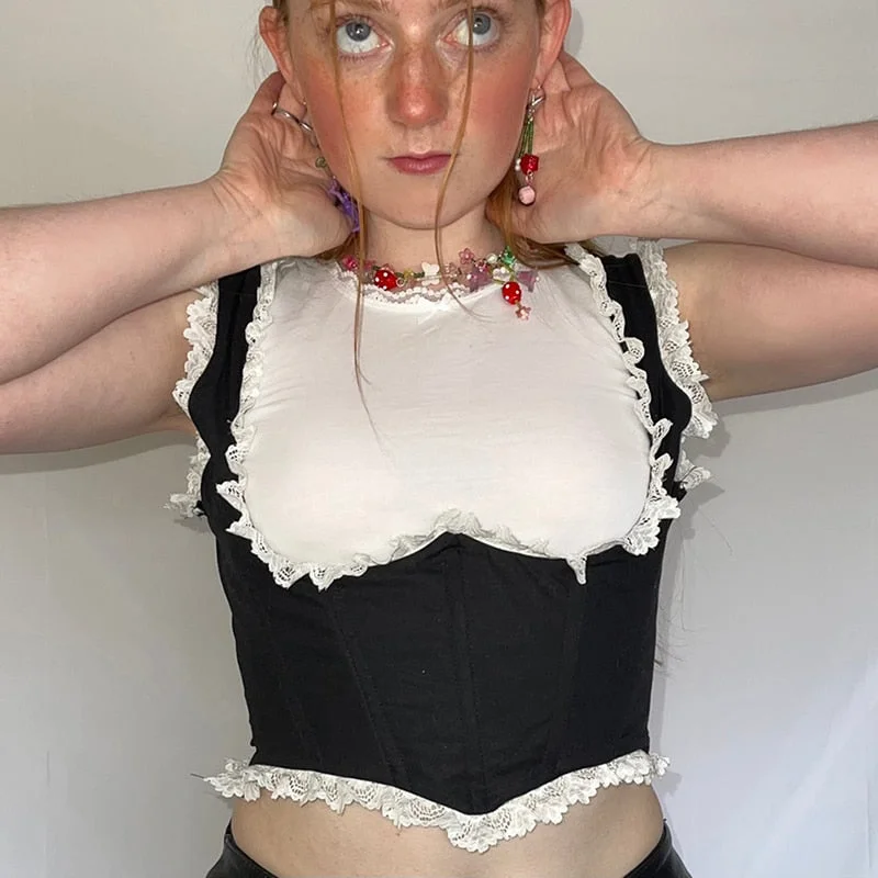 Rapcopter y2k Lace Frill Corset Top Backless Tie Up Tank Top Women Vintage Skinny Cute Sweats Breasted Vest Party Cummerbunds