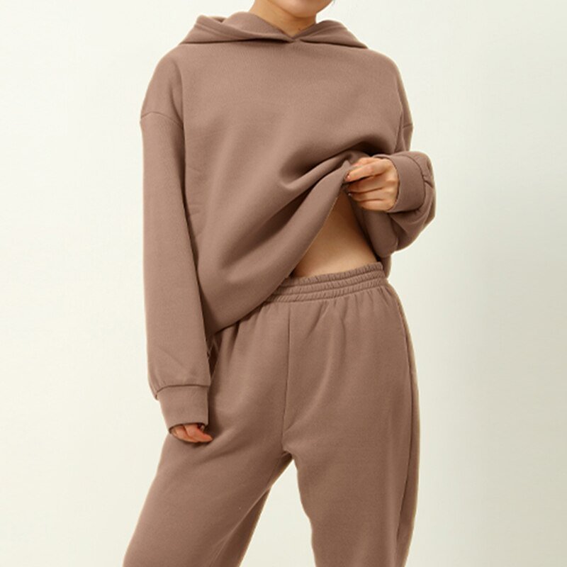 2021 New Women Elegant Solid Suits Warm Hoodie Sweatshirts And Long Pant Fashion 2 Pieces Sets Oversized Sweatshirt Tracksuit