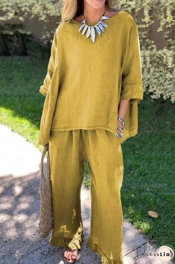 Casual Solid Color Loose Top & Pants Cotton Linen Two-piece Set