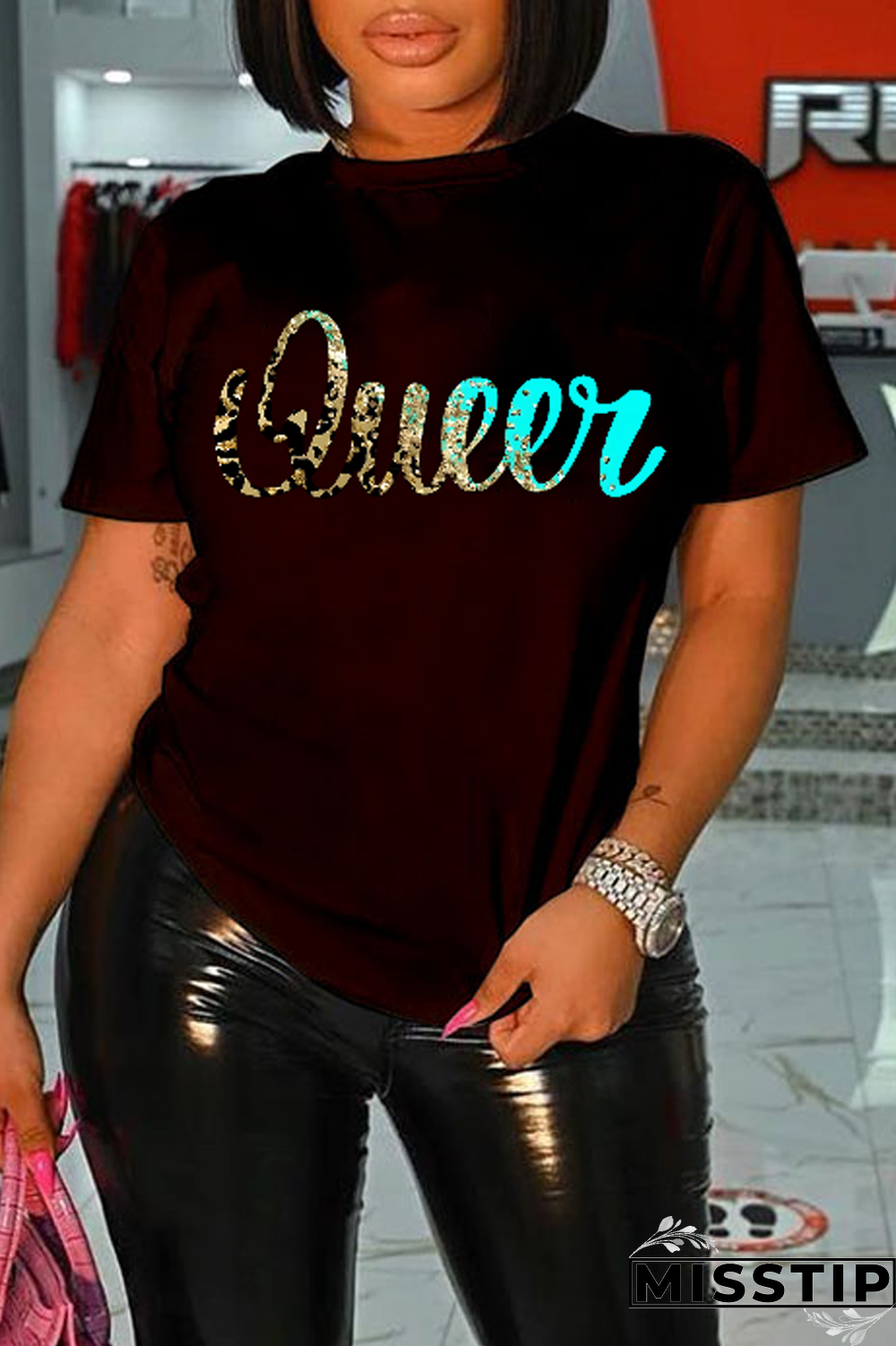 Black Casual Daily Print Patchwork Letter O Neck T-Shirts