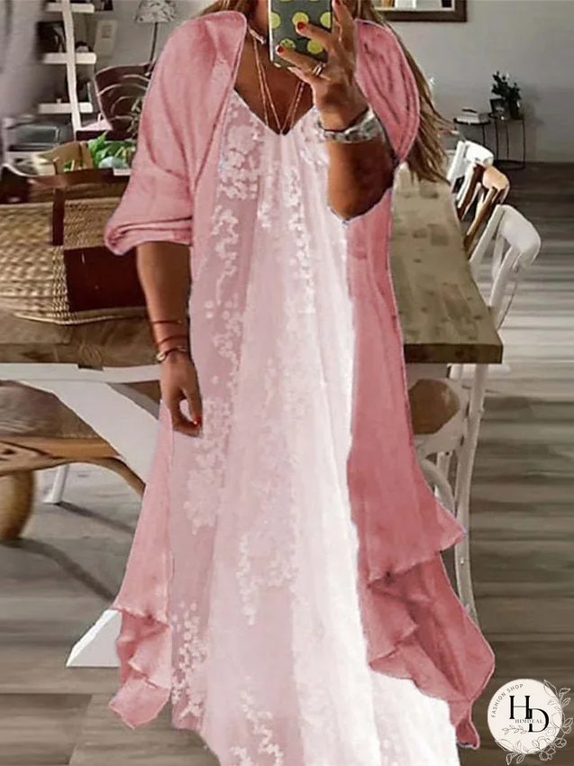 Plus Size Two Piece Dress Casual Dress Floral V Neck Maxi Dress Print Half Sleeve Fall Spring Dress Casual Daily Vacation Dress for Women