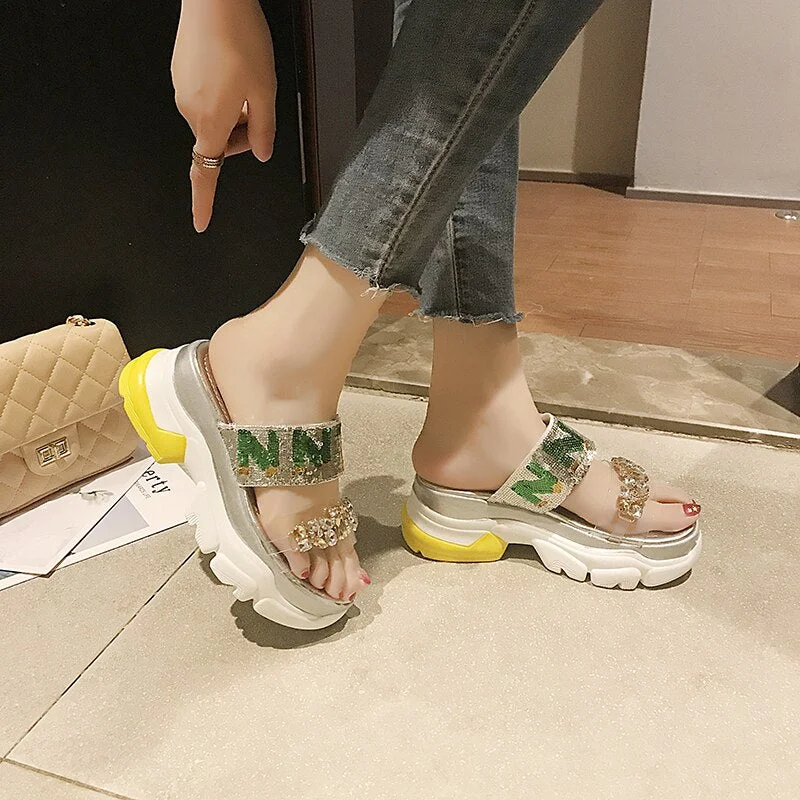 Lucyever New Summer Sandals Fashion Crystal Flat Heels Shoes Slingback Ladies Platform Shoes Woman Rhinestoe Beach Slides 2020