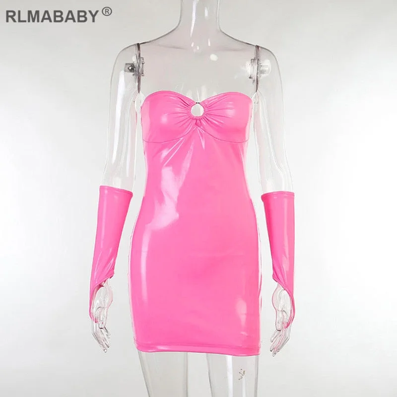 Sexy Night Club Strapless Package Hip Mini Dress Slim Hollow Out Pink Short Bodycon Dress 2021 Fashion PU Leather Women Dress