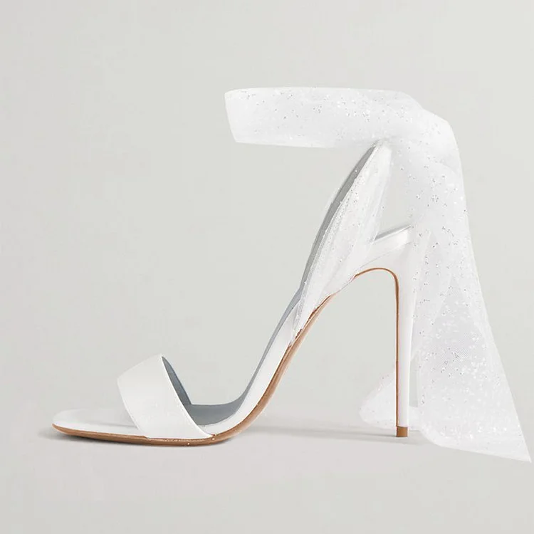 White Stiletto Satin Heels Elegant Open Toe Sandals Wedding Shoes |FSJ Shoes