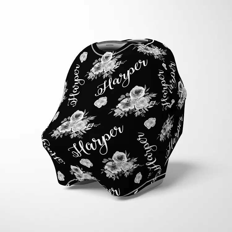 Personalized Black Floral Baby Car Seat Canopy| Canopyl104