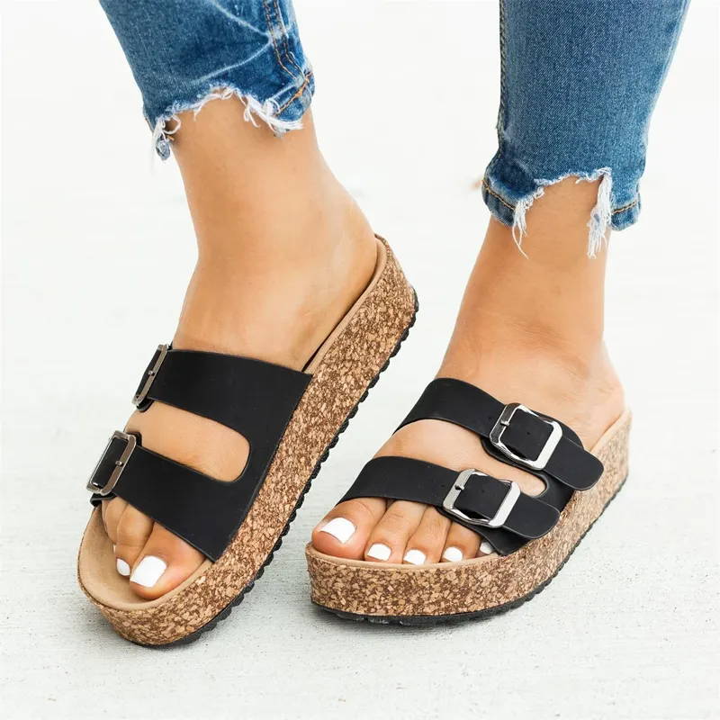 New Summer Women's Flip Flops Slippers Sandals Shoes Wedge Mid Heels Open Toe Buckle Strape Woman Platform Slides Slippers Shoes