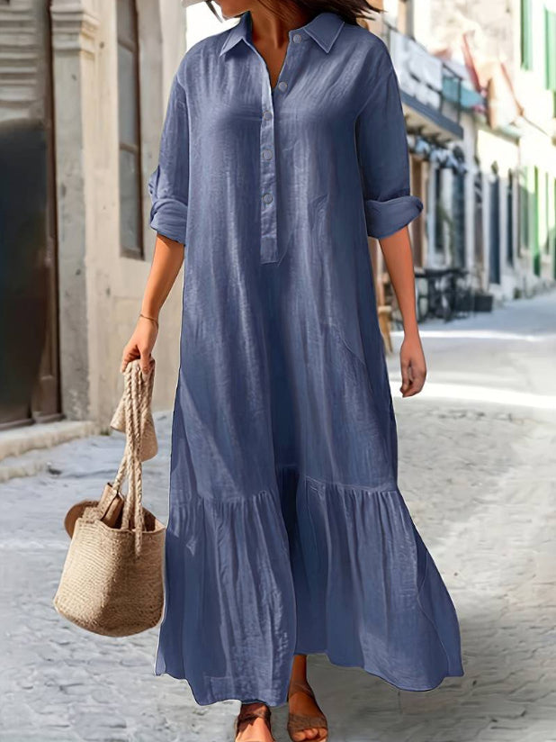 Women's Long Sleeve Shirt Collar Solid Color Buttons Maxi Dress