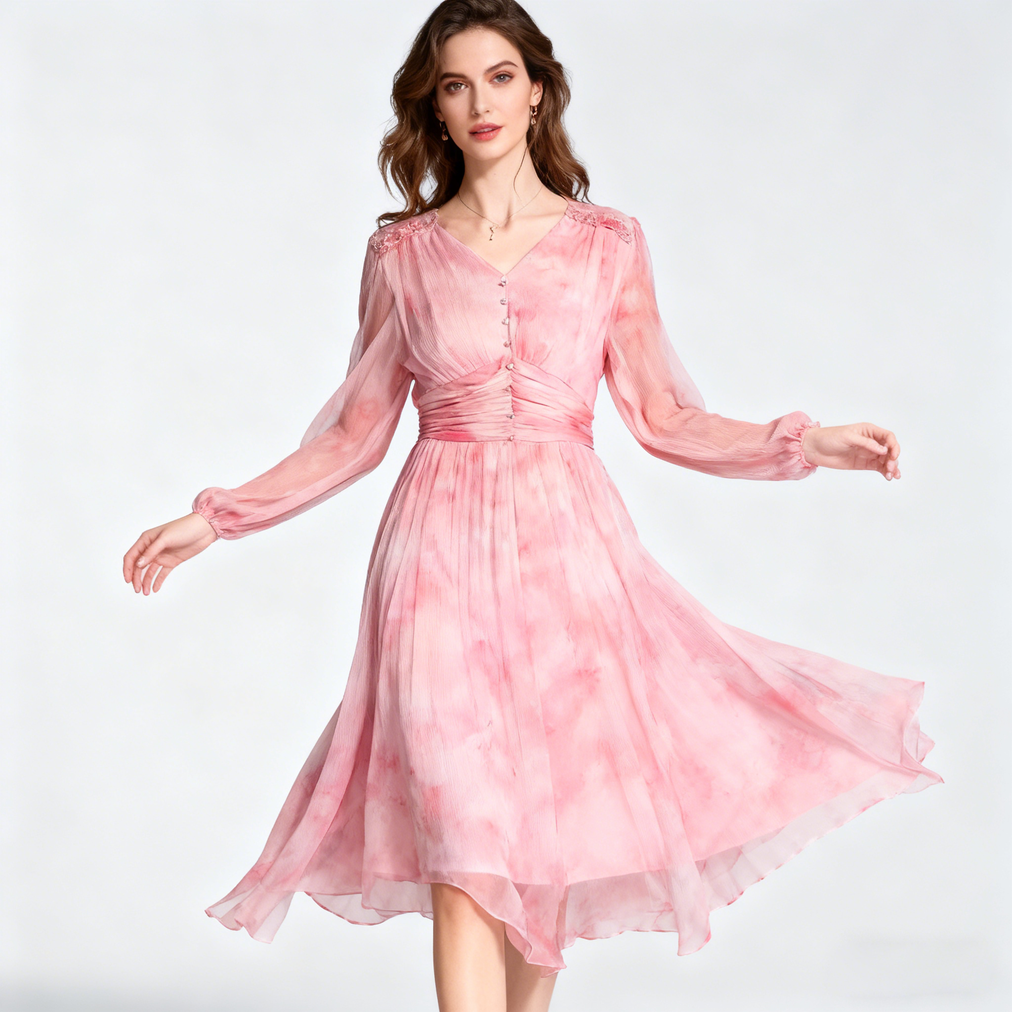 Sweet Silk Midi Dress With Long Sleeves For Vacation REAL SILK LIFE