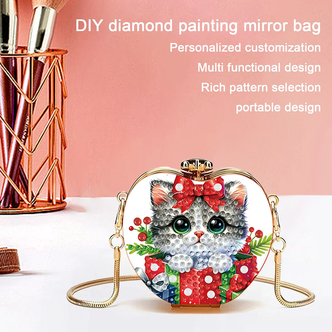 Xmas Cat DIY Acrylic Love Art Diamond Painting Coin Purse with Chain for Women