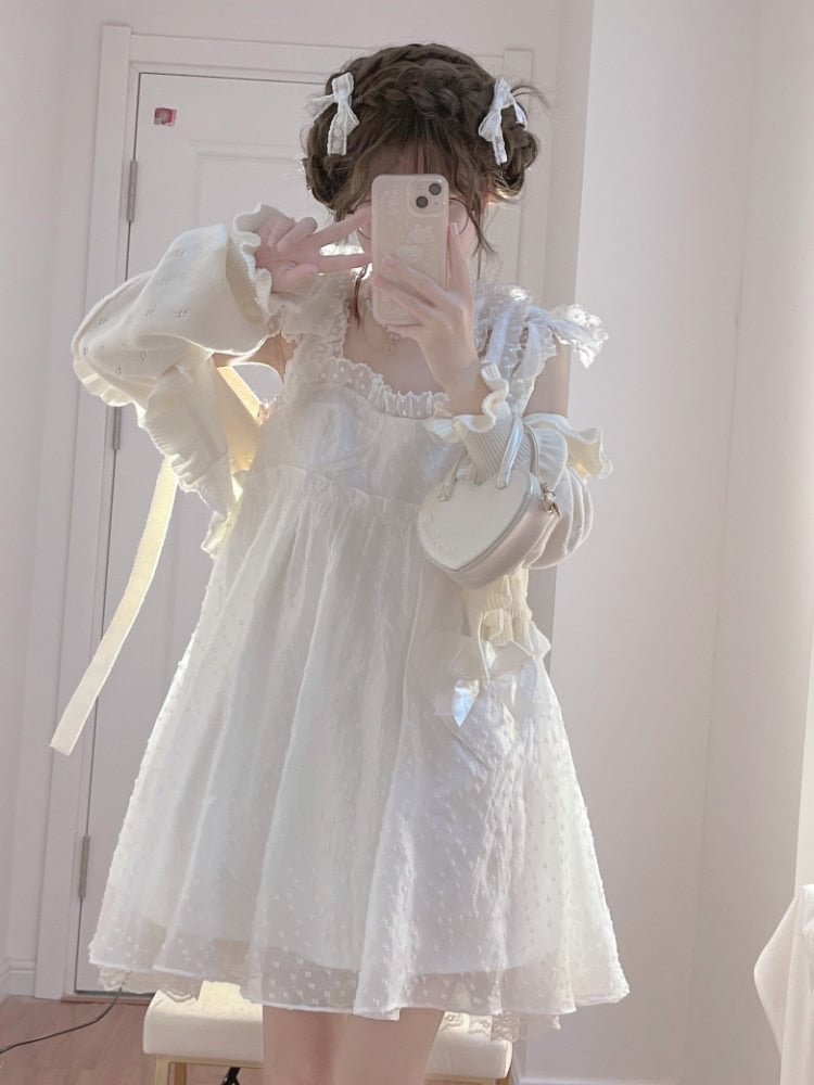 White Kawaii Sweet Dress Women Summer 2022 Korean Chic Elegant Party Mini Dress Fairy Casual Japanese Lolita Princess Cute Dress