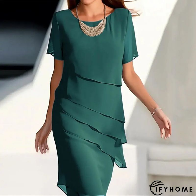 Elegant Plain Crew Neck Half Sleeve Formal Midi Dress | IFYHOME