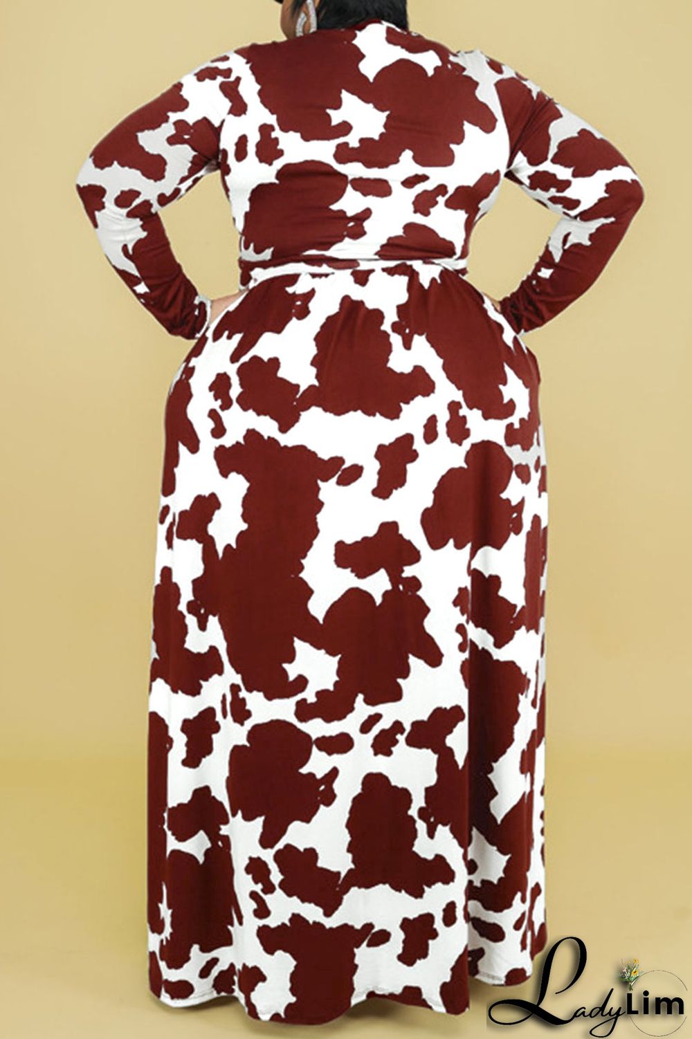 Burgundy Casual Print Bandage Patchwork V Neck Straight Plus Size Dresses