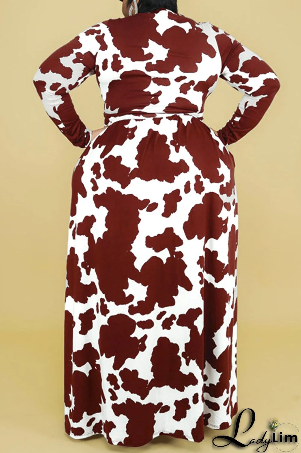 Burgundy Casual Print Bandage Patchwork V Neck Straight Plus Size Dresses