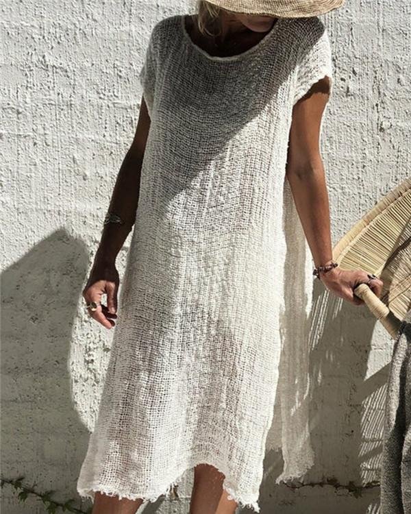 Women Vintage Bohemian Solid Short Sleeve Mini Dress