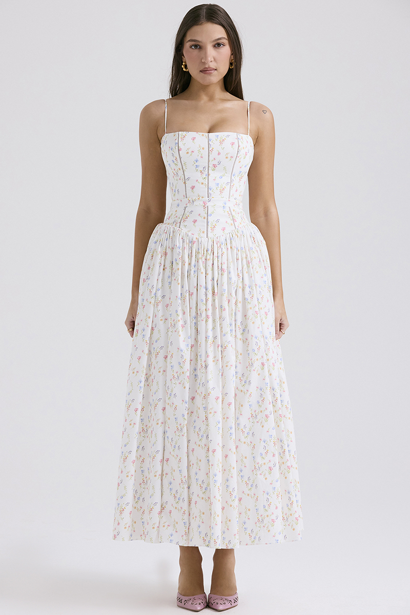 Ditsy Floral Print Boat Neck Corset Slip Midi Dresses-White
