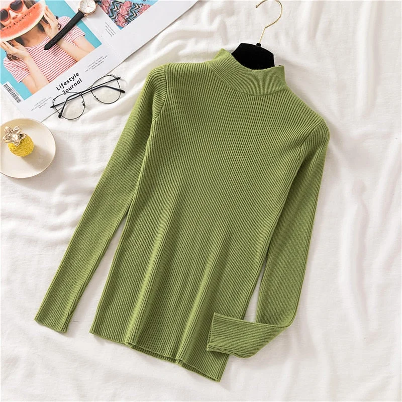 Zoki Autumn Women Pullover Sweater Half Turtleneck Long Sleeve Knitted Jumper Winter Elastic Solid Basic Ladies Blouse New 2021