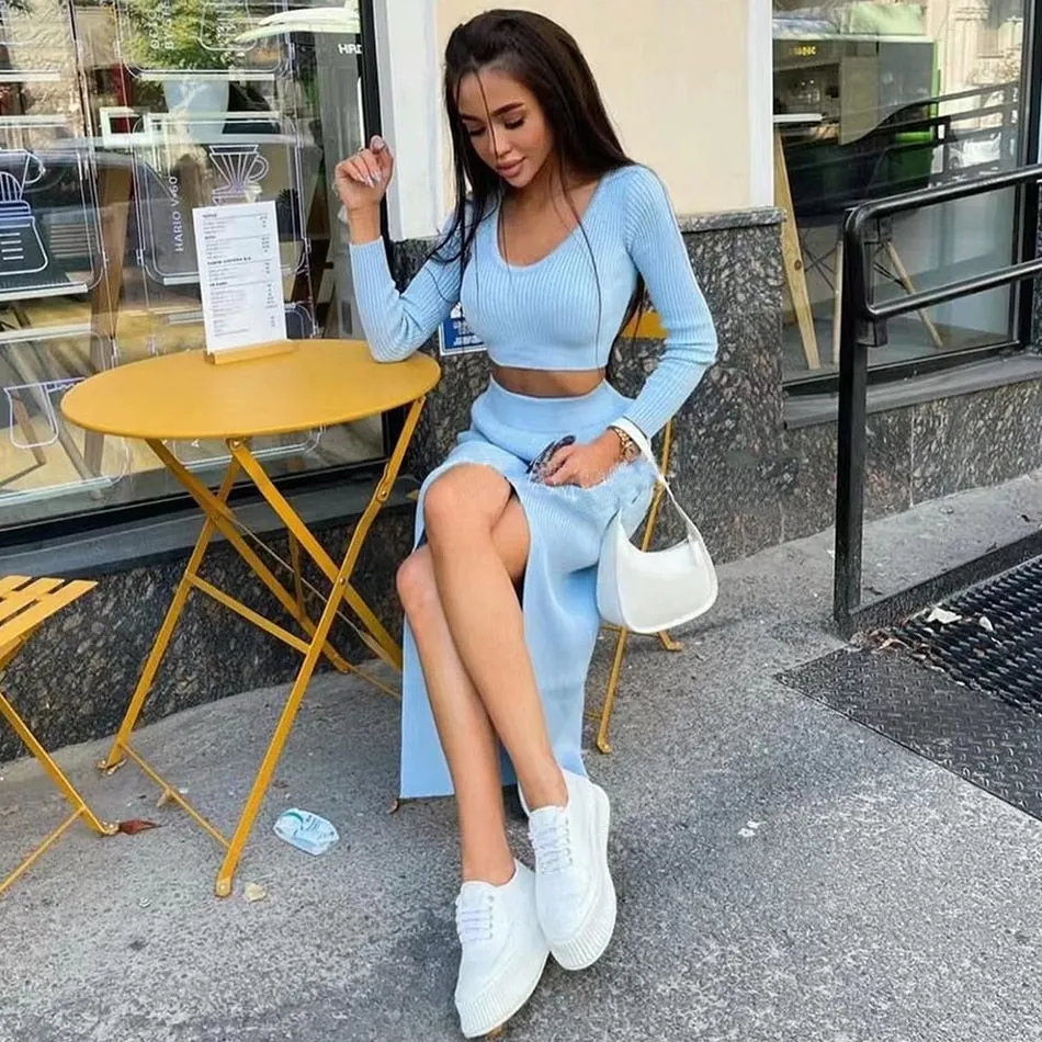 wsevypo Autumn Chic Casual Knitted Two-pieces Skirts Suits Women's Sets Long Sleeve Cropped Pulloves+Split Midi Bodycon Skirts