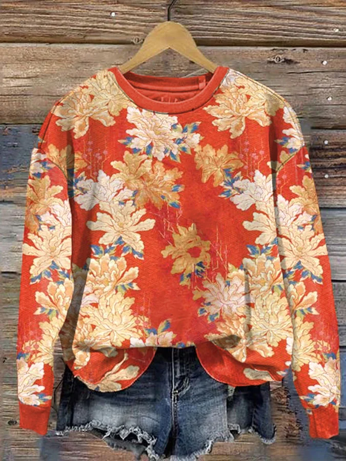Women's Vintage Japan Flower Print Gradient Sweatshirt