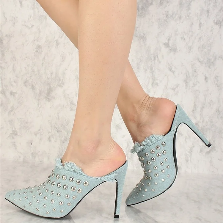 Light Blue Denim Pointy Toe Stiletto Mules with Studs Vdcoo