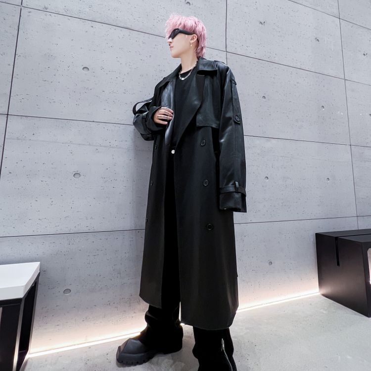 Dawfashion-Trendy Loose Knee Long Leather Windbreaker-Yamamoto Diablo Clothing
