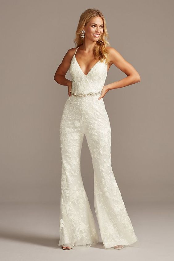 Lvs&Broner Glamorous Ivory Lace V Neck Sleeveless Strapless High Waist Long Wid-Leg Jumpsuit 