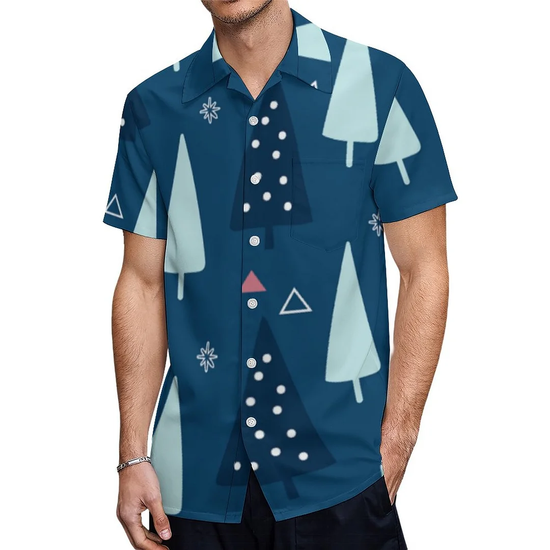 Short Sleeve Gold Navy Blue Christmas Tree Hawaiian Shirt Mens Button Down Plus Size Tropical Hawaii Beach Shirts