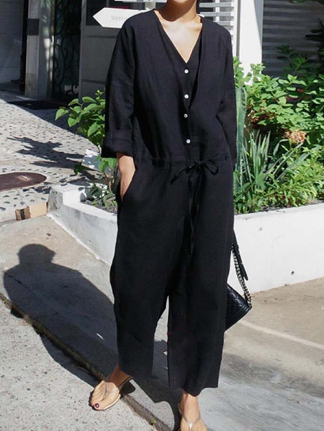 Solid V Neck Button Drawstring Jumpsuit