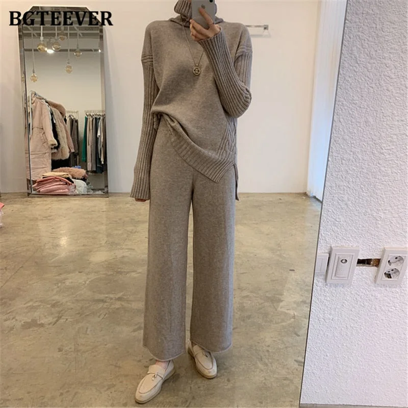 BGTEEVER Autumn Winter Thicken Knitted 2 Pieces Set Women Turtleneck Pullover Sweater & Wide Leg Pants 2021 Sweater Set Female