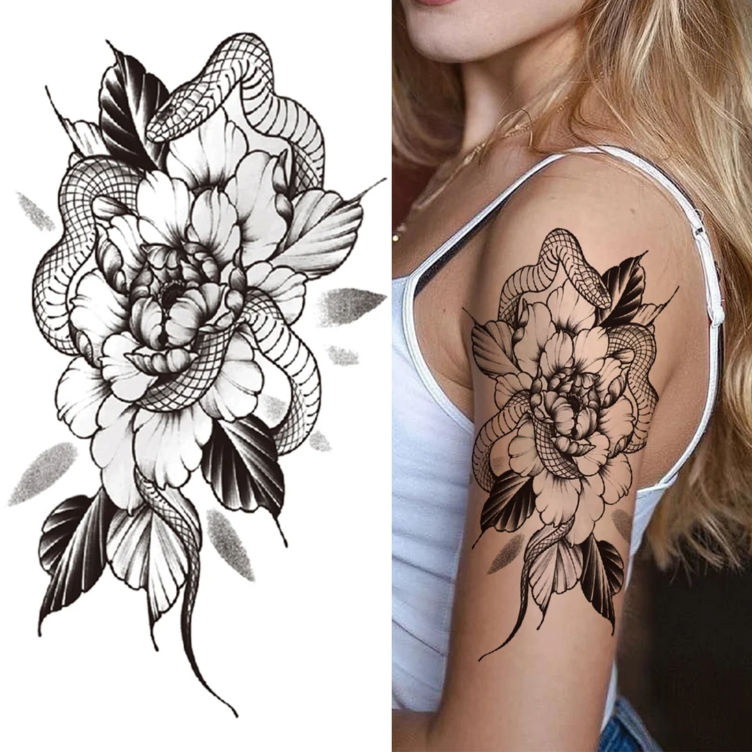 3D Snake Rose Temporary Tattoos For Women Girls Fake Flower Tattoo Sticker Black Death Eaters Dark Mark Mamba Snake Peony Tatoos