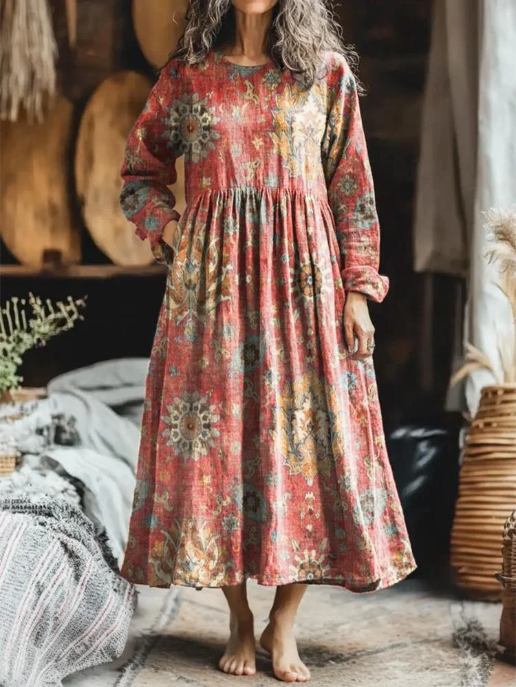 Women's Retro Totem Floral Art Pattern Print Pocket Cotton Dress