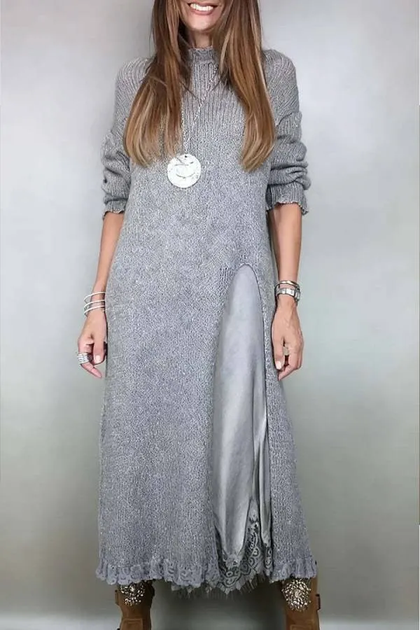 Retro knitted slit two-piece long skirt