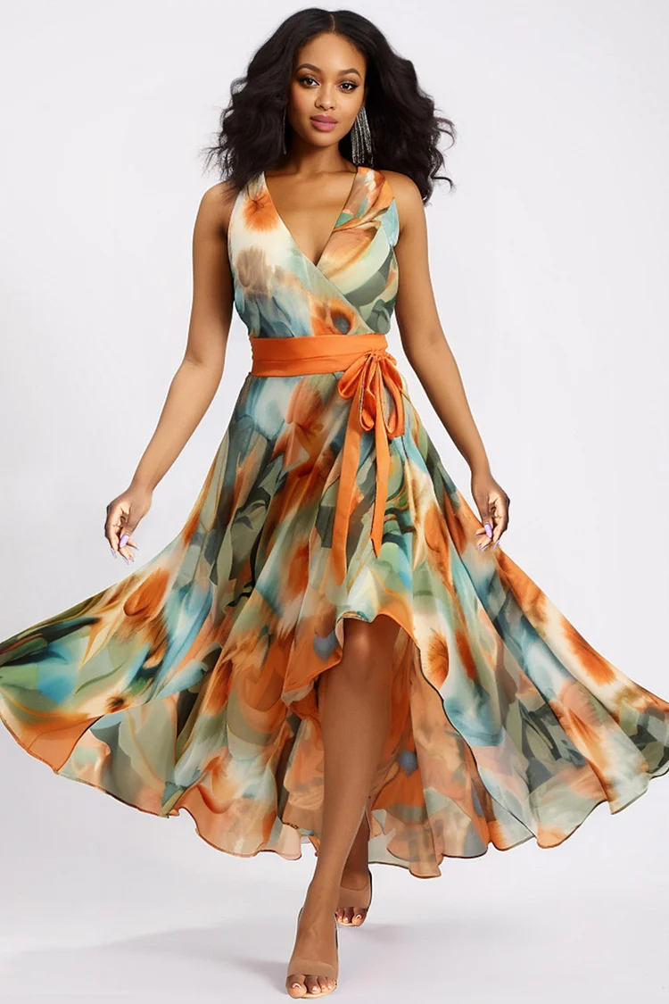 Xpluswear Design Plus Size Vacation Multicolor Elegant All Over Print V Neck Split Chiffon Maxi Dresses [Pre-Order] 2024 - Xpluswear