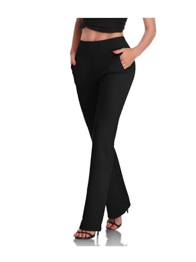 Womens Dress Work Casual Pants Trousers Straight Full Length Pocket Stretchy Daily Black