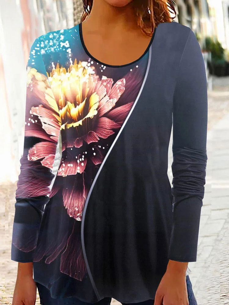 Women Long Sleeve V-neck Graphic Floral Printed Top