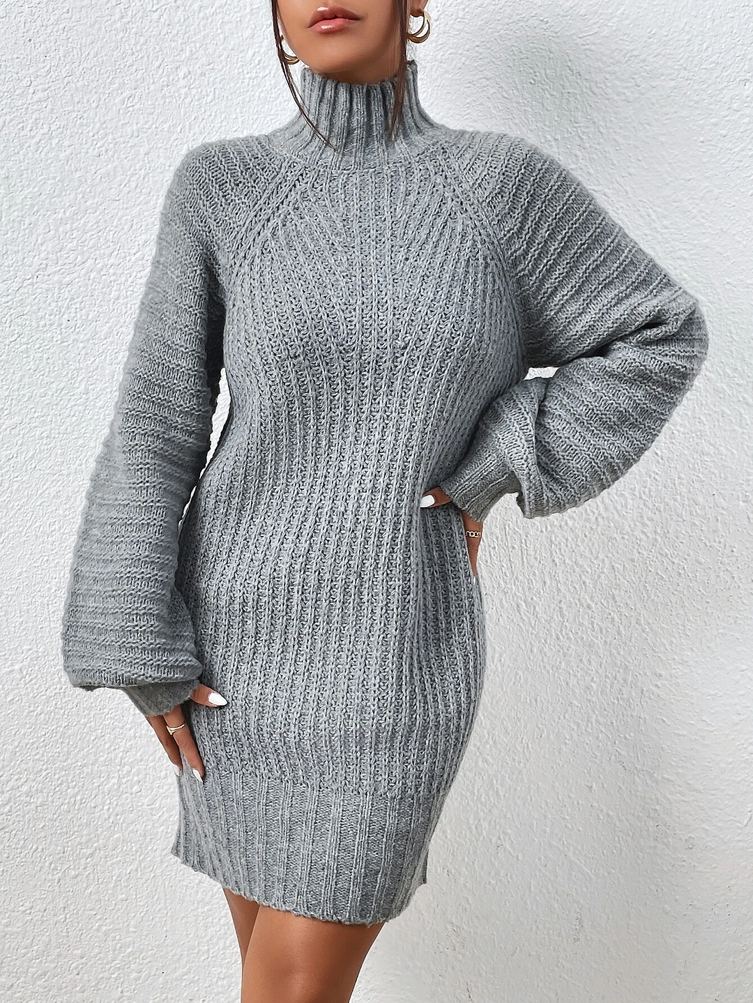 Turtleneck Raglan Sleeve Jumper Dress Without Belt