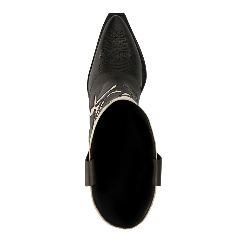 Black & Ivory Patchwork Inlay Fold Over Mid Calf Cowgirl Boots
