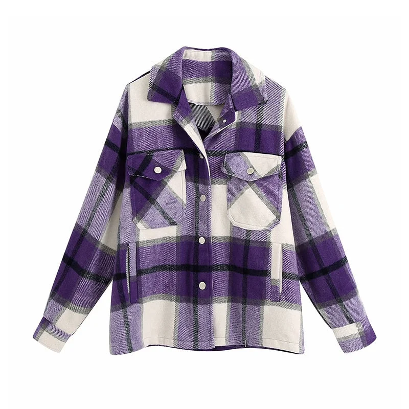 Vintage Stylish Pockets Oversized Plaid Jacket Coat Women 2021 Fashion Lapel Collar Long Sleeve Loose Outerwear Chic Tops