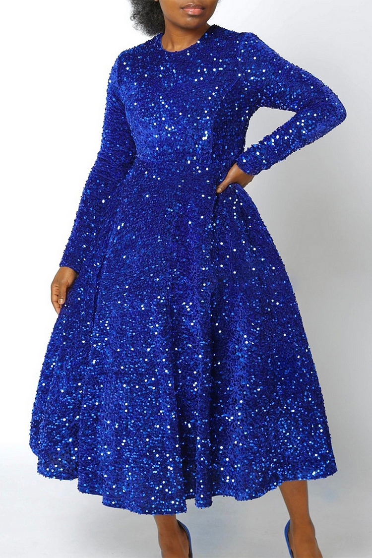 Sequin Round Neck Long Sleeve A-Line Wide Hem Formal Party Midi Dresses-Blue