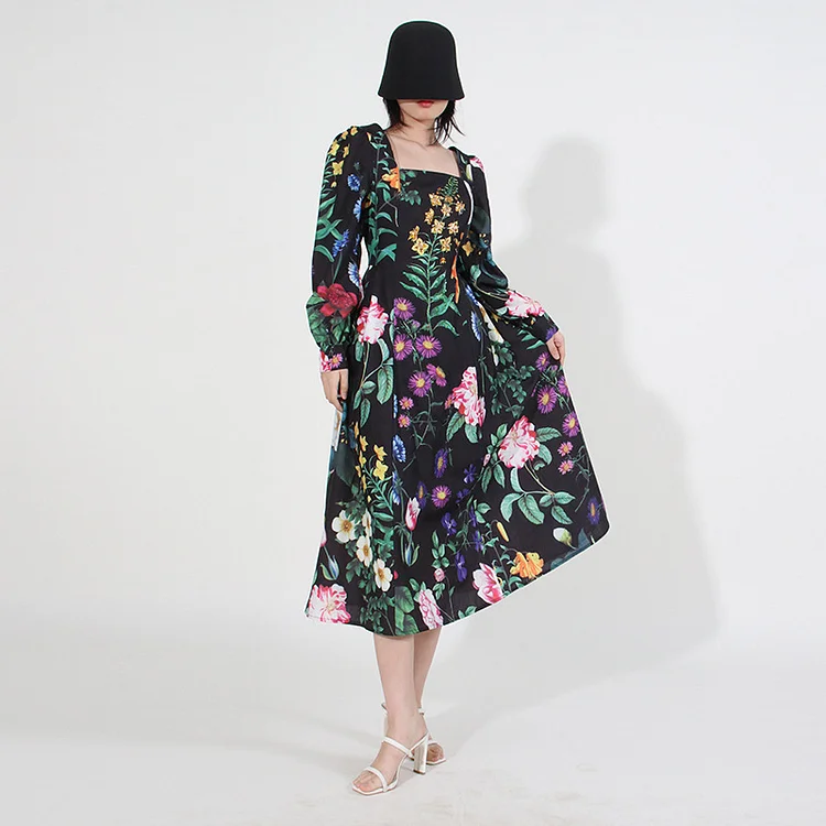 Floral Printed Square Neck Embroidered Midi Dress