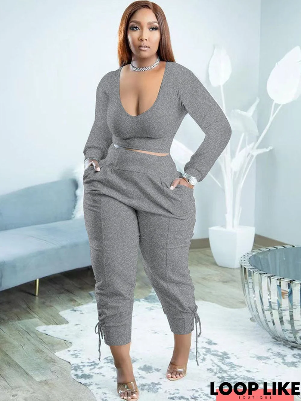 Plus Size Two Piece Long Sleeves Top Long Pants Outfits
