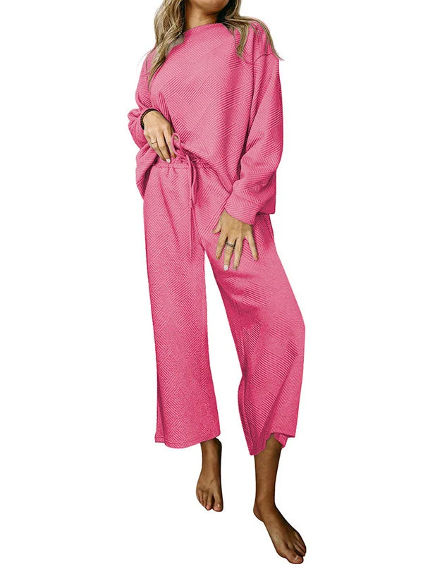 Long Sleeves Loose Solid Color Round-Neck Shirts Top + Drawstring Pants Bottom Two Pieces Set