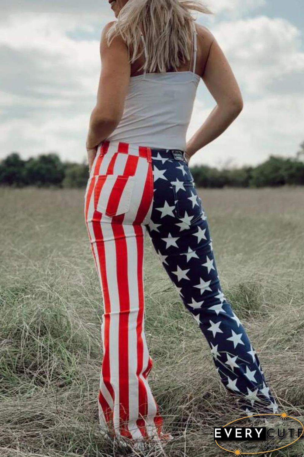 Blue White Casual Striped The stars Patchwork Regular High Waist Speaker Patchwork Trousers