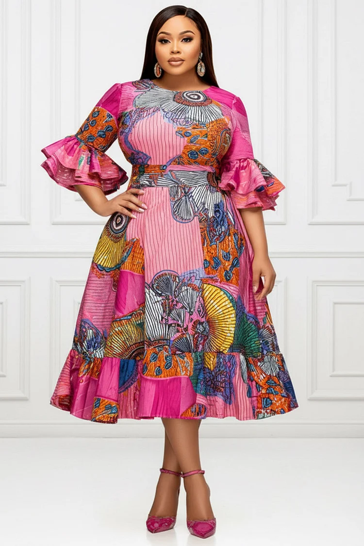Xpluswear Design Plus Size Vacation Multicolor African Print Round Neck Flare Half Sleeve Ruffle Midi Dresses [Pre-Order] 2024 - Xpluswear