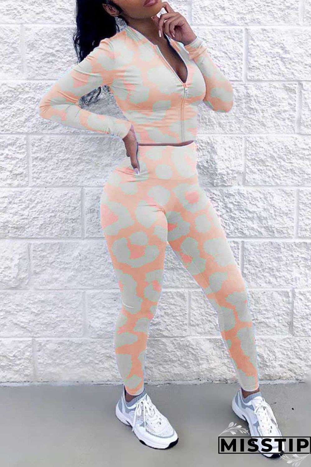 Yellow Pink Casual Print Patchwork Zipper Long Sleeve Two Pieces
