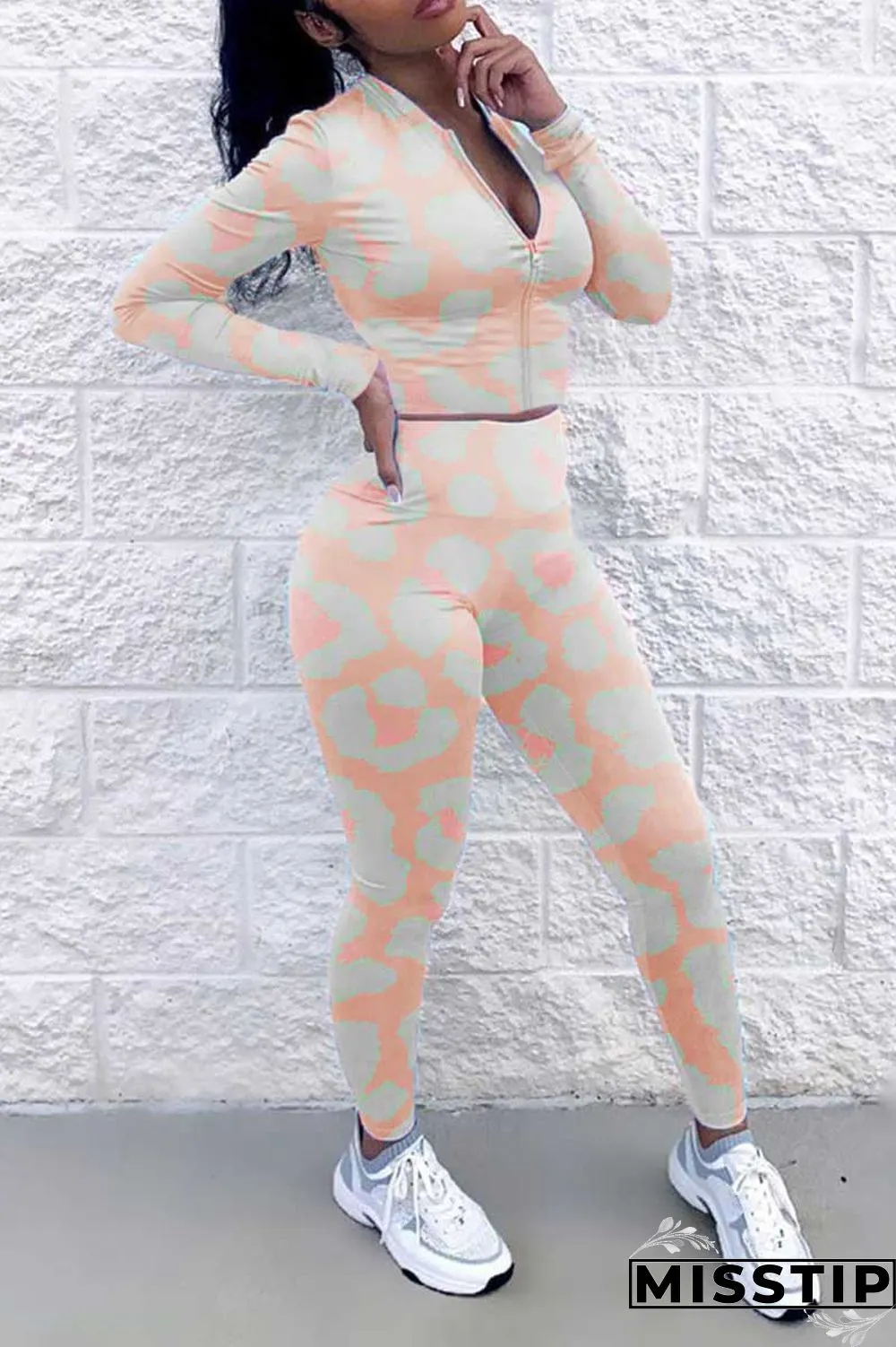 Yellow Pink Casual Print Patchwork Zipper Long Sleeve Two Pieces