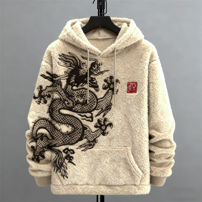 Men's Japanese Dragon Embroidered Cozy Plush Hoodie  artssus