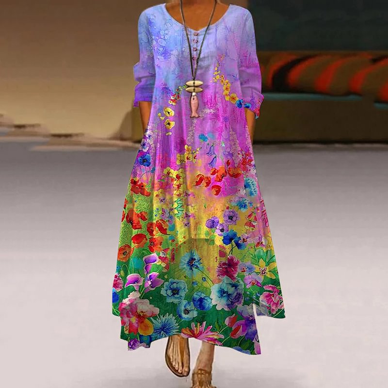 Casual Colorful Floral Print Midi Dress